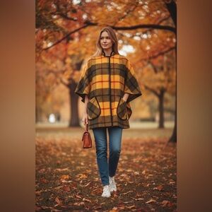 Vintage Roos/Atkins Yellow Black Red Wool Poncho With Pockets Size 8.